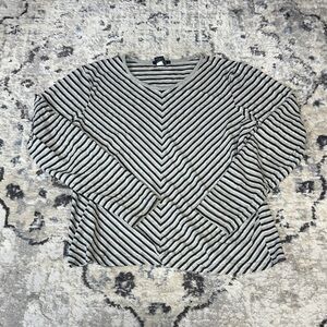 GAP Stretch Striped V-Neck Long Sleeve Top Gray Black XL Cotton Blend